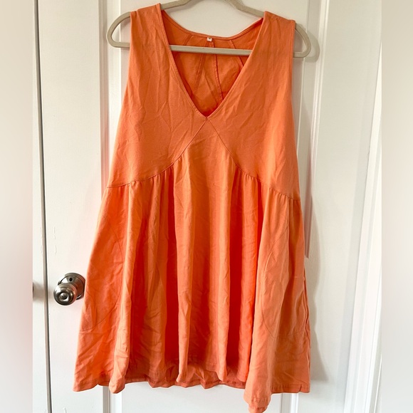 Orange Summer Sleeveless Mini Dress Casual Loose V Neck Sundress with Pockets - Picture 2 of 6